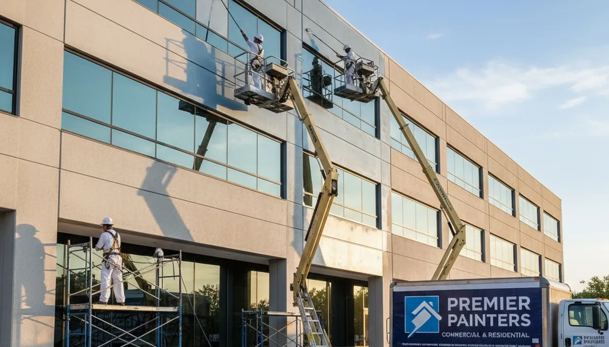 Professional commercial painters coating business exterior in Virginia Beach, VA for coastal durability