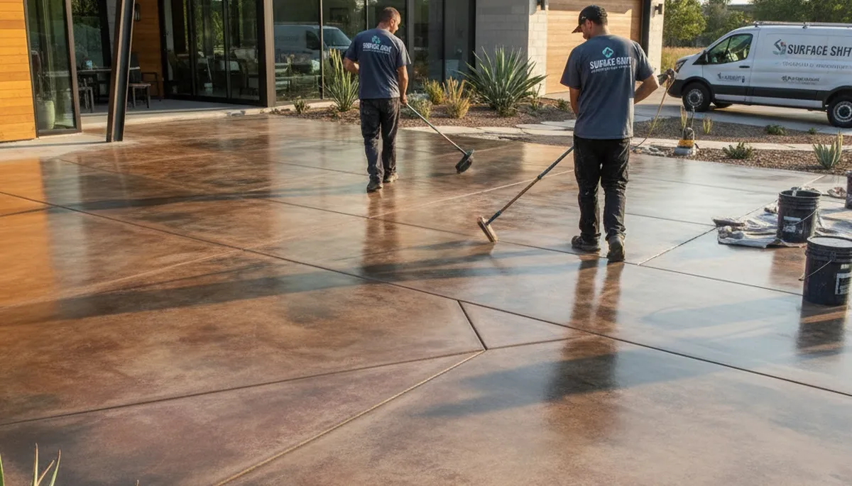 Professional concrete staining on Virginia Beach driveway adding durable color and coastal protection