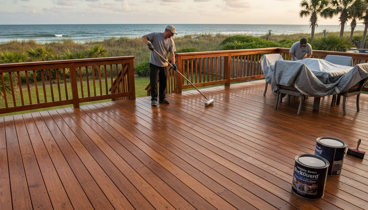 Professional deck staining in Virginia Beach VA enhancing wood color and protecting decks from coastal weather