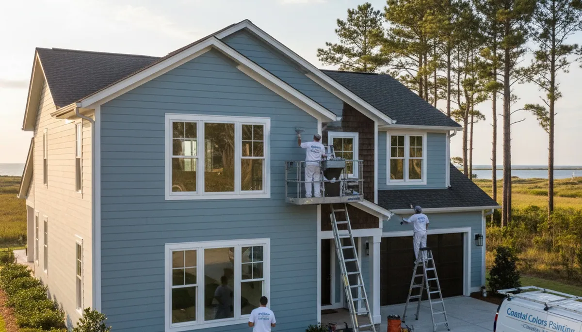 Professional house painters finishing exterior home in Virginia Beach VA